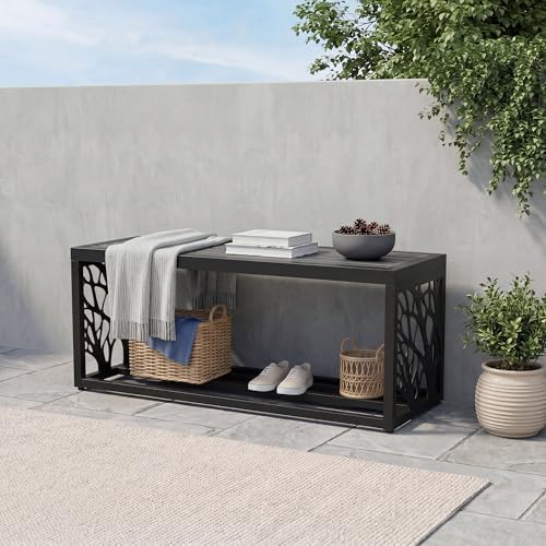 37" Outdoor Storage Bench, HDPE Seat, Steel Frame, Tree
