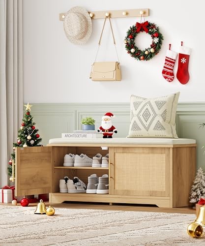 Rattan Shoe Storage Bench, 39.4" Wide Entryway Bench, Natural Oak