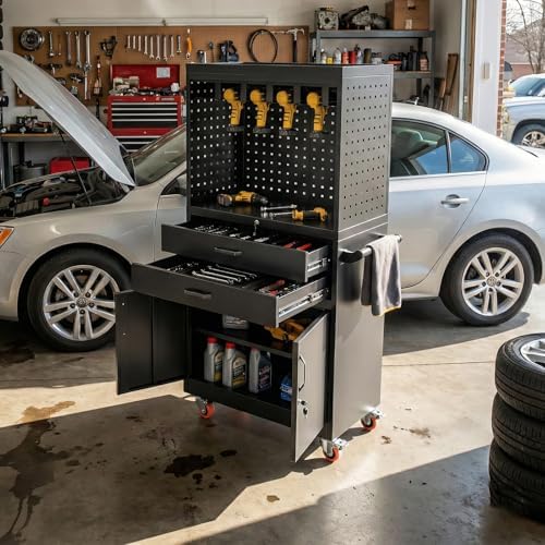 Mobile Tool Cart, Tool Chest with Locking Wheels, Charging Station