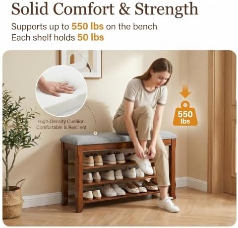 Solid Wood Shoe Rack Bench with Storage, Flip-Top Soft-Close Lid, 31.5”