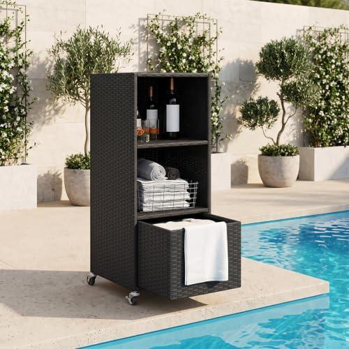 HAPPYGRILL Outdoor Storage Cabinet with Wheels, PE Rattan Wicker Storage