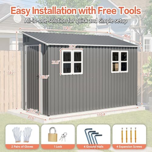 4x10 Ft Outdoor Heavy-Duty Shed, Metal Lean to Shed with Floor Kit and 2 Wind...