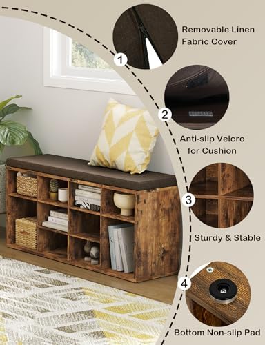 DINZI LVJ Shoe Storage Bench with Cushion, 40.9" Cubby Shoe Rack, 12-Cubby