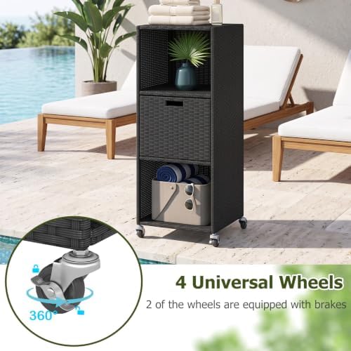 HAPPYGRILL Outdoor Storage Cabinet with Wheels, PE Rattan Wicker Storage