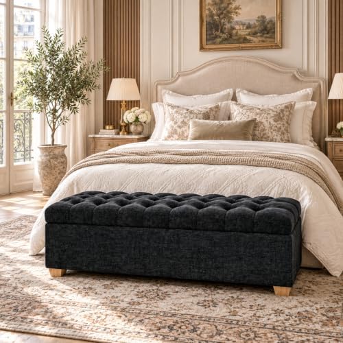 60" Storage Bench, Modern Glam Chenille Ottoman for King Queen Bed, Black