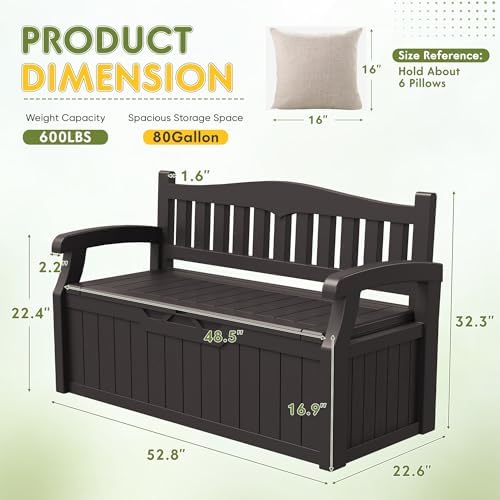 Greesum 80 Gallon Storage Bench Outdoor Deck Box with Armrest, Brown