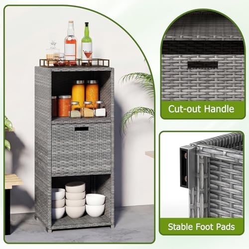 HAPPYGRILL Outdoor Storage Cabinet PE Rattan Wicker Storage Shed Organizer wi...