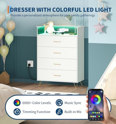 Jojoka 4 Drawer Dresser with RGB LED Light & Charging Station - Modern Ch...