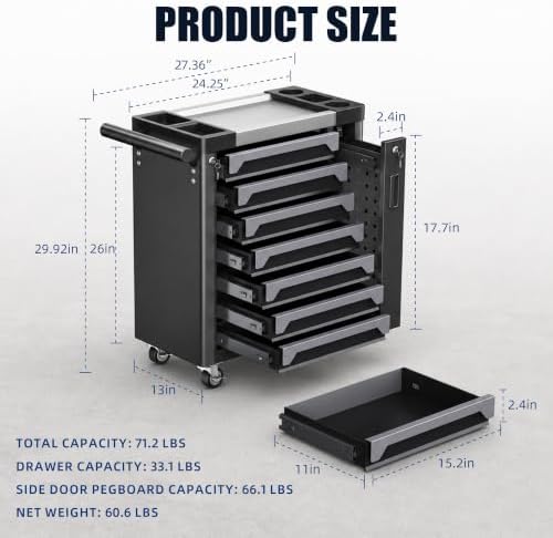 7 Drawer Rolling Tool Chest, Side Drawer