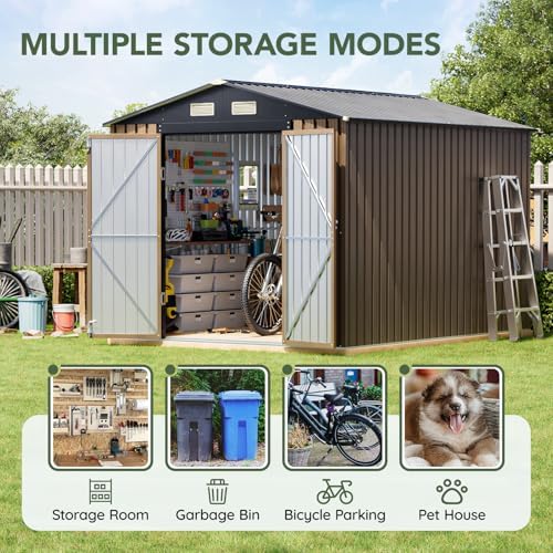 10 x 8 FT Storage Shed with Floor Frame for Backyard, Brown