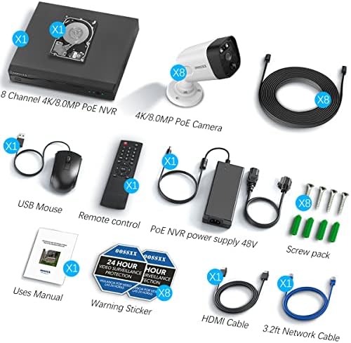 OOSSXX 4K POE Wired Home Security Camera System, 8 Wired 4K Bullet Cameras
