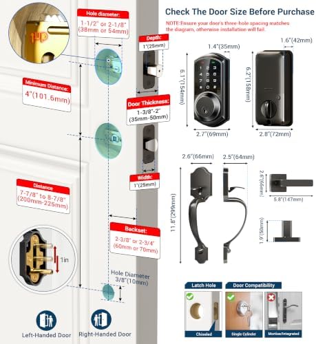 Veise VE06-H Smart Front Door Lock Handle Set, App Control, Matte Black