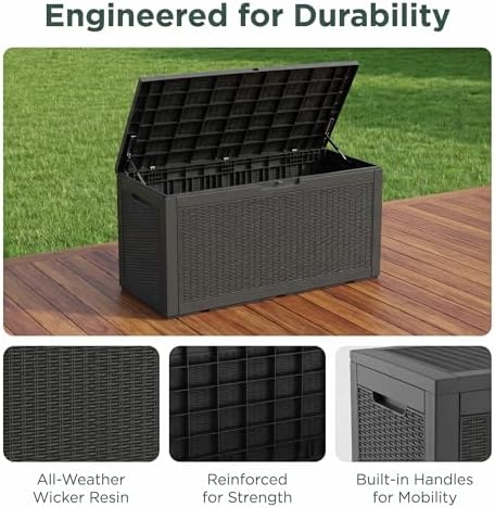 100 Gallon Deck Box, Waterproof Resin Rattan Outdoor Storage Box Lockable for...