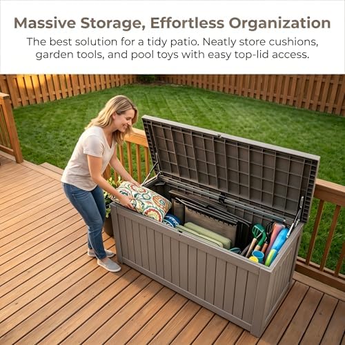 Outdoor Storage Box Resin Deck Box Waterproof Gray Brown 146 Gallon