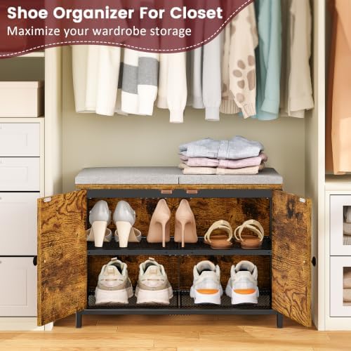 ThreeHio Shoe Bench with Cushion & Doors, Small Entryway Storage Bench