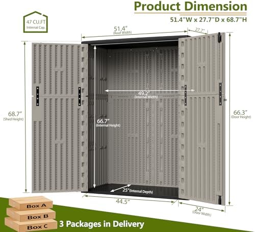 ZZM 57 Cu.ft Outdoor Storage Shed HDPE Storage Cabinet, Double-Wall Resin She...