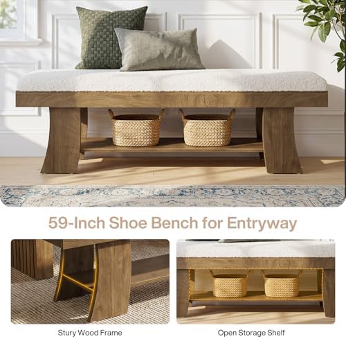 Tribesigns 59-Inch Upholstered Entryway Bench with Storage Shelf, Indoor Cush...