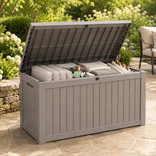 Outdoor Storage Box Resin Deck Box Waterproof Gray Brown 146 Gallon