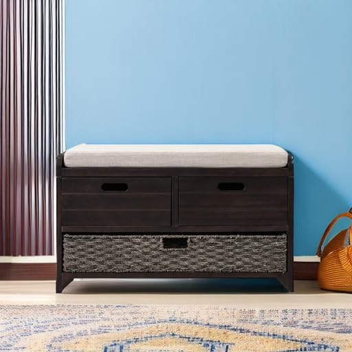 Knocbel Farmhouse Storage Bench with 2 Drawers, Removable Cushion and Wicker ...