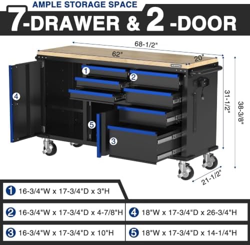 WORKPRO 62" x 20" Rolling Tool Chest, 7-Drawer & 2-Door, Blue &...