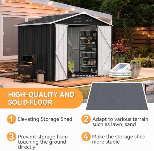 Aoxun 8'x6' Shed with Floor Galvanized Steel Outdoor Storage Shed Black