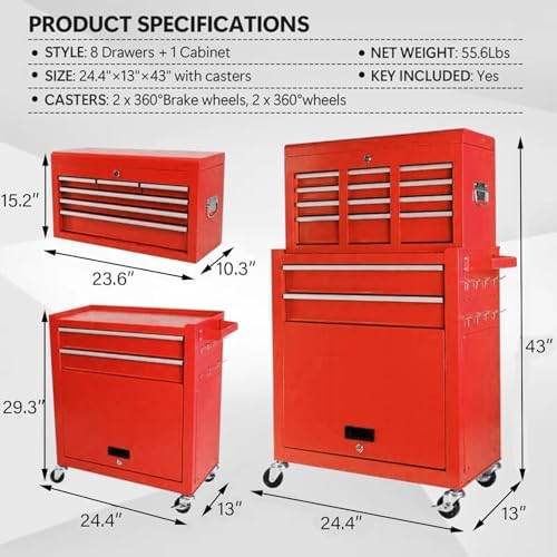 8 Drawers Rolling Tool Chest, 2-in-1 Detachable Metal Tool Storage Cabinet wi...