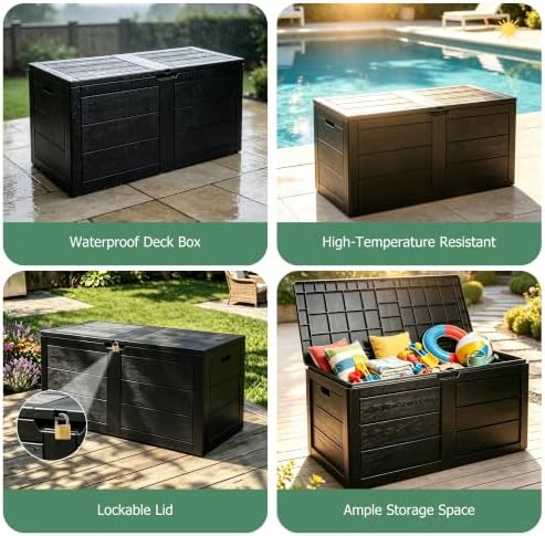 70 Gal Outdoor Storage Box, Waterproof Deck Box for Outdoor Tools, Black