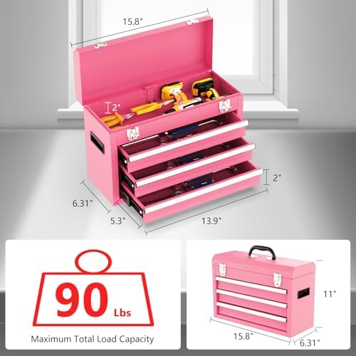 3 Drawer Metal Tool Box, Portable Metal Tool Box with EVC Liners and Latches ...