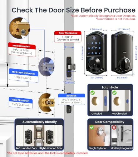 Veise VE017 Fingerprint Smart Door Lock with App Control, Matte Black