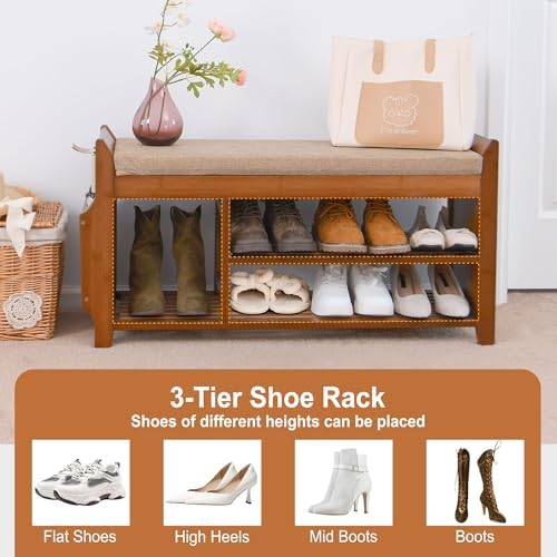 PETKABOO Shoe Bench with Hidden Drawer and Side Holder, 2 Tier Entryway Bench...