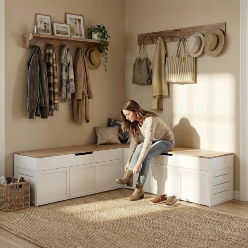 Kikihouse L-Shaped Corner Storage Bench, Backless Wood Bench, Wood