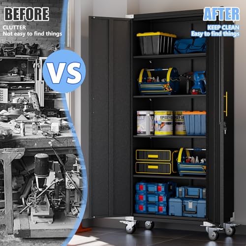 pozdeg 71" Black Tall Lockable Rolling Metal Garage Storage Cabinet ﻿