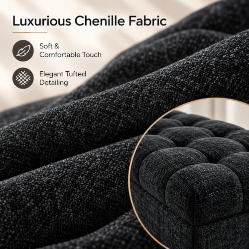 60" Storage Bench, Modern Glam Chenille Ottoman for King Queen Bed, Black