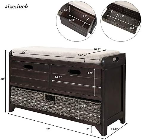 Knocbel Farmhouse Storage Bench with 2 Drawers, Removable Cushion and Wicker ...