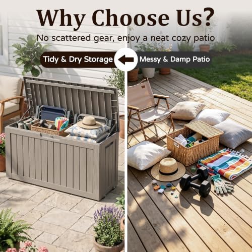 Outdoor Storage Box,100 Gallon Lockable Deck Box with Wheels,Grey