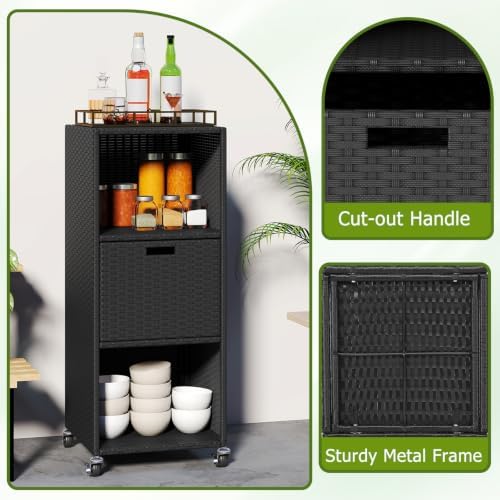 HAPPYGRILL Outdoor Storage Cabinet with Wheels, PE Rattan Wicker Storage