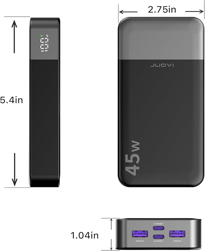 JUOVI J2621 Power Bank Portable Charger 20000mAh 45W, PD3.0 QC 4.0 Fast