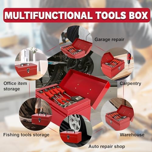 P.I.T. Metal Tool Box 12 Inch,Portable Small Toolbox with Latch,Red