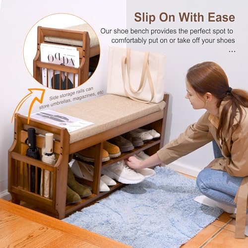 PETKABOO Shoe Bench with Hidden Drawer and Side Holder, 2 Tier Entryway Bench...