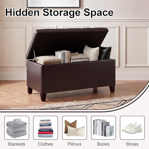 Asense Storage Ottoman Bench, 33" Faux Leather Upholstered End of Bed Be...