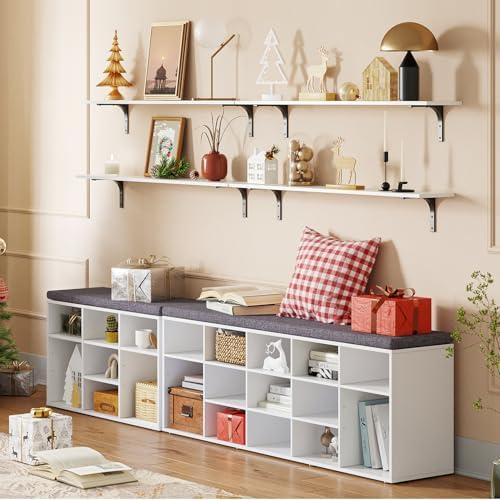DINZI LVJ Shoe Storage Bench with Cushion, 15-Cubby Shoe Rack with Seat