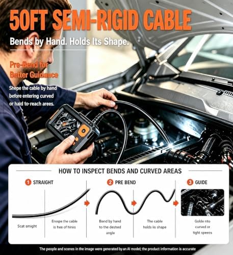 Triple Lens Borescope, 5" IPS Screen, 1080P Photo & Video, 50FT Cable