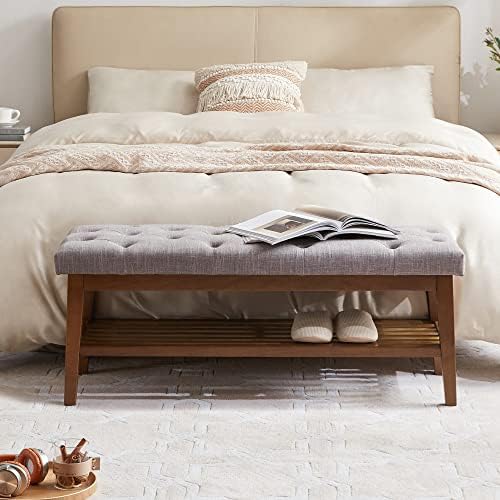 HUIMO Upholstered Entryway Shoe Bench, Button Tufted End of Bed Bench, Grey