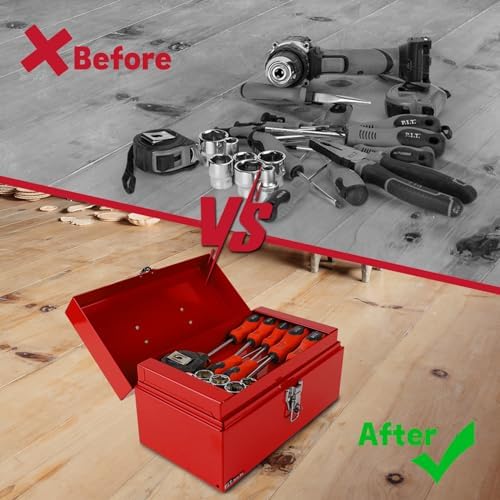 P.I.T. Metal Tool Box 12 Inch,Portable Small Toolbox with Latch,Red