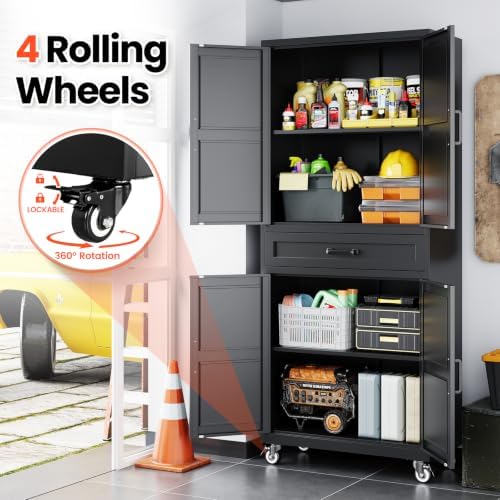 STANI 73" H Metal Storage Cabinet with Wheels, Black Rolling Tool Cabinet