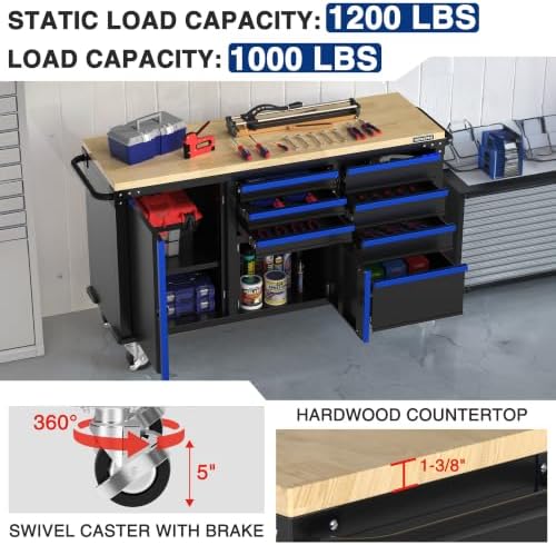 WORKPRO 62" x 20" Rolling Tool Chest, 7-Drawer & 2-Door, Blue &...
