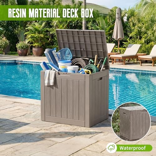 DRATO 35 Gallon Outdoor Storage Box Waterproof Lockable Small Deck Box Grey