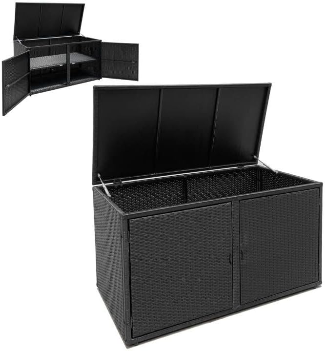 GIANTEX Rattan Deck Box Outdoor&Indoor 88 Gallon Wicker Storage Bench W/Separate Storage Shelf, Openable Door, Steel Fram, Tools Storage for Patio,Garden, Balcony, Porch, Yard Storage Box (Black)
