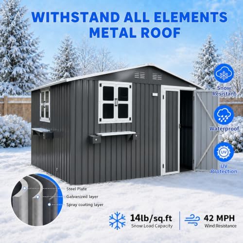 10x8 FT Outdoor Storage Shed with 2 Clear Windows, Metal Garden Shed with Flo...