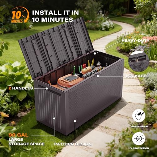 VINGLI 90 Gallon Lockable Durable Outdoor Storage Box, Brown